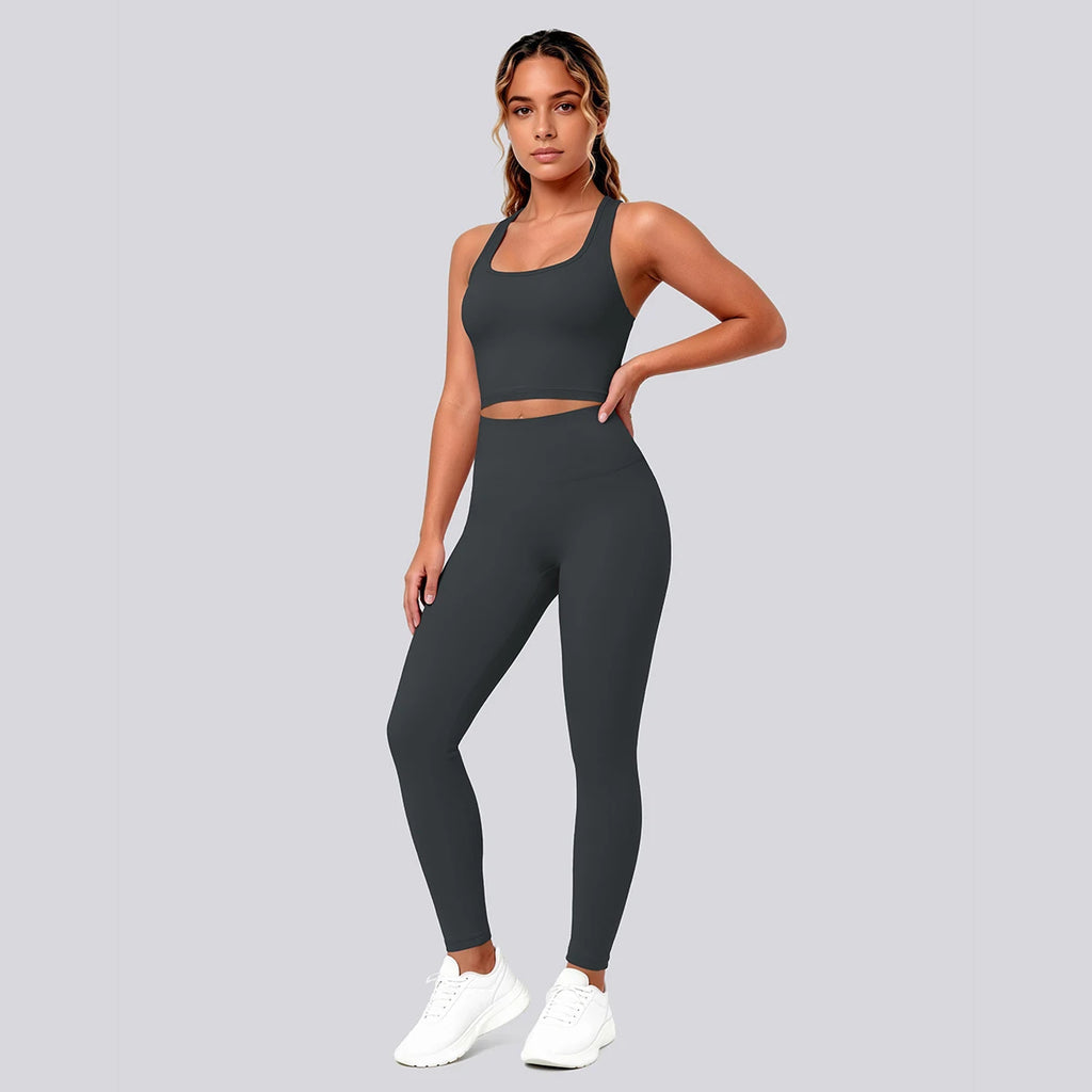 2PCS Solid Color Yoga Set for Woman's Gather Beautiful Back I-shaped Vest Shock-absorbing Running Yoga Tank Top Push Up Pants