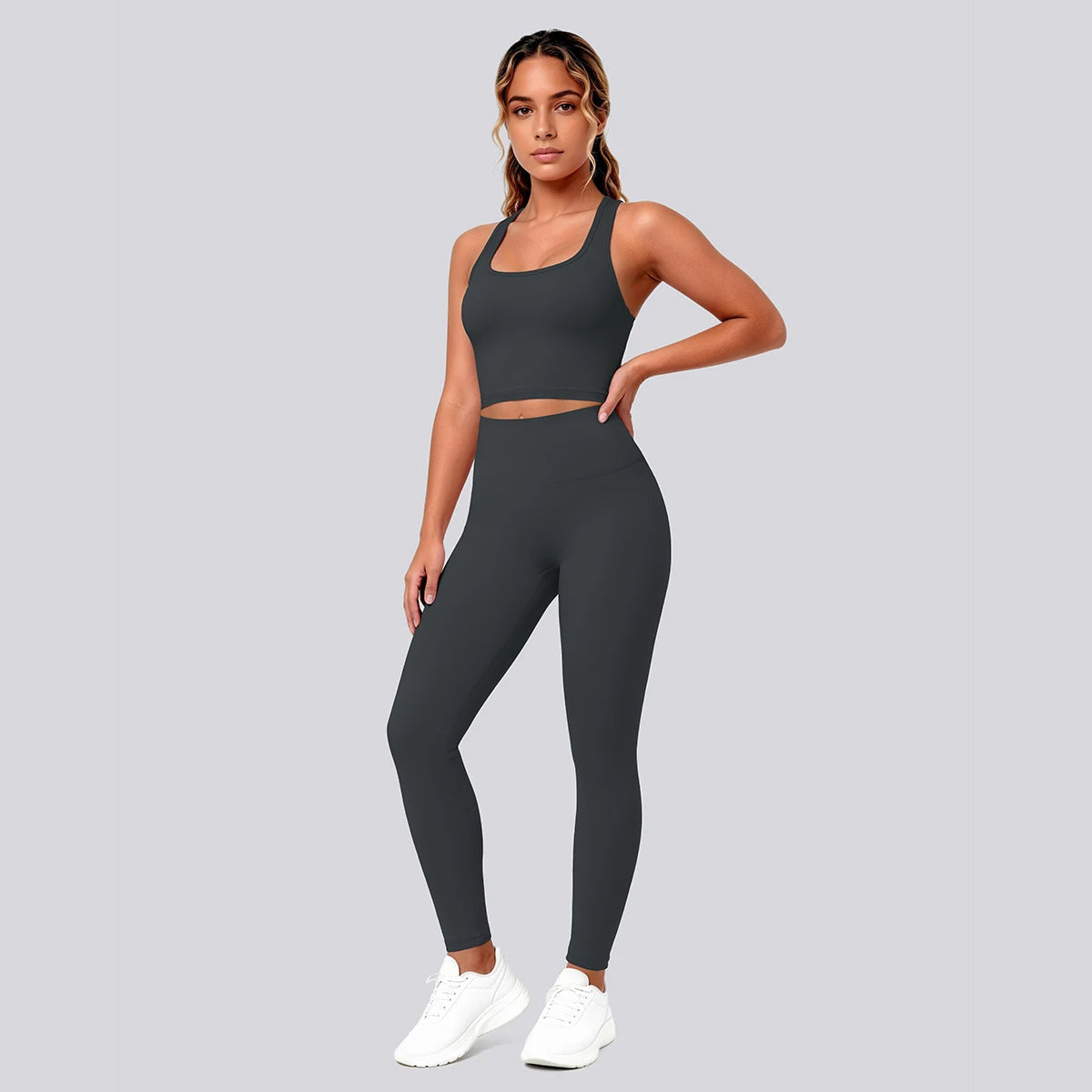 2PCS Solid Color Yoga Set for Woman's Gather Beautiful Back I-shaped Vest Shock-absorbing Running Yoga Tank Top Push Up Pants