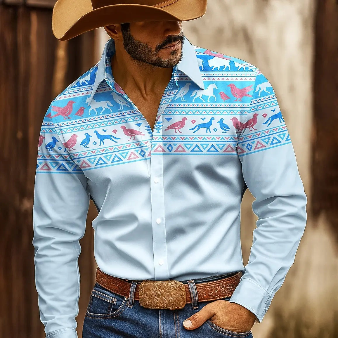 Men's 3D Geometric Indian Pattern Long Sleeve Shirt,Polyester Slim Fit, Retro Style Casual Wear,2025 Autumn Winter Trendy Blouse
