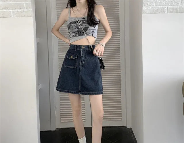 Women's Denim Skirt Retro Blue High Waist Female Jeans Skirts Streetwear Premium Modest Korean Fashion Stylish A Line Vintage