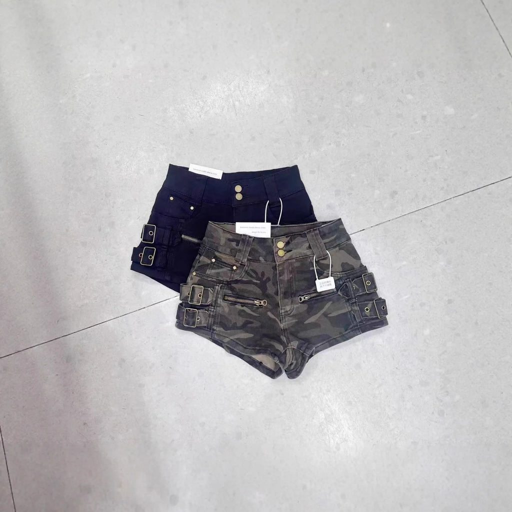 American High Street Camo Cargo Denim Shorts Women High Waist Hip Lifting Fashion Casual Hot Pants