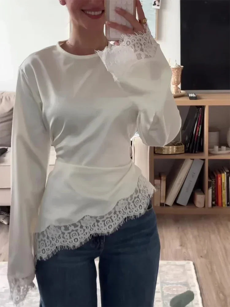 Elegant Satin Lace Patchwork Top Women Casual O-neck Loose Long Sleeves Strappy Female Shirt 2026 Spring Lady Fashion T-shirt