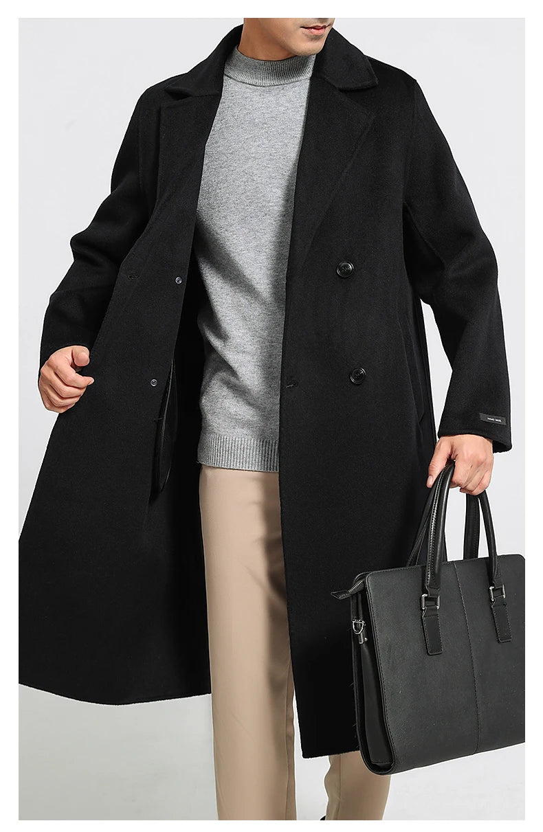 Men's 100% Cashmere Thick Double-Sided Extended Coat, Classic and Versatile Fashion for Business and Leisure
