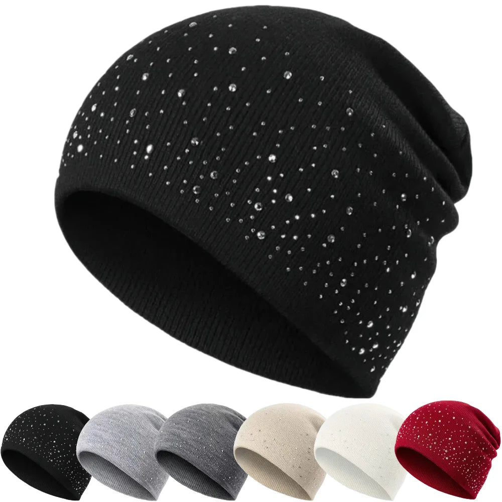 Hot Sale Women Casual Winter Fall Hat Stylish & Shiny Rhinestone Decor Women's Beanie Outdoor Streetwear Knitted Hat