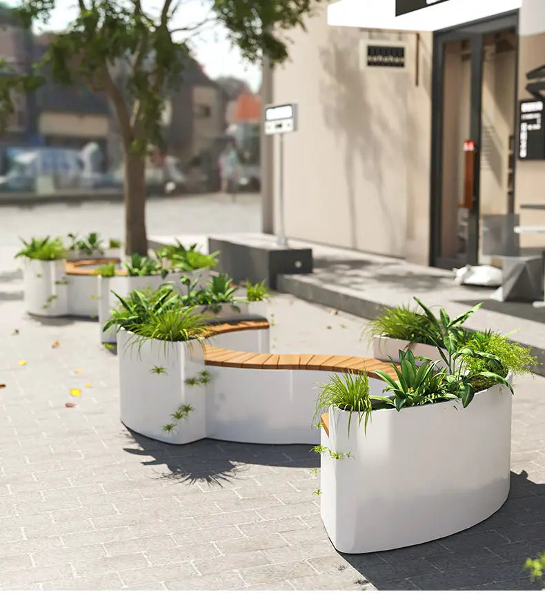 For Outdoor Curved Wood Flower Box Seat Square Park Mall Public Area Anti-corrosion Moisture-proof Leisure Bench