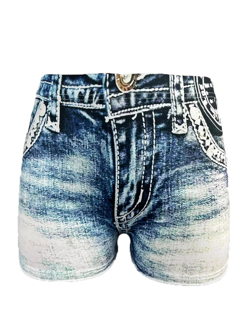 Women's Faux Denim Print High Stretch Slim Shorts, Versatile Yoga Shorts, Polyester Non-Denim Material