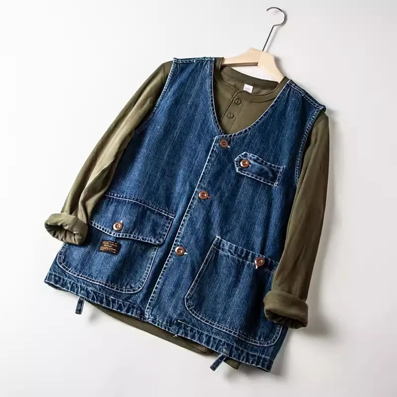 Men Vests Men's Summer Vintage Multi-pocket Sleeveless Vest Mens Casual Cotton Denim Vests Safari Style Vest Coat Waistcoat Male