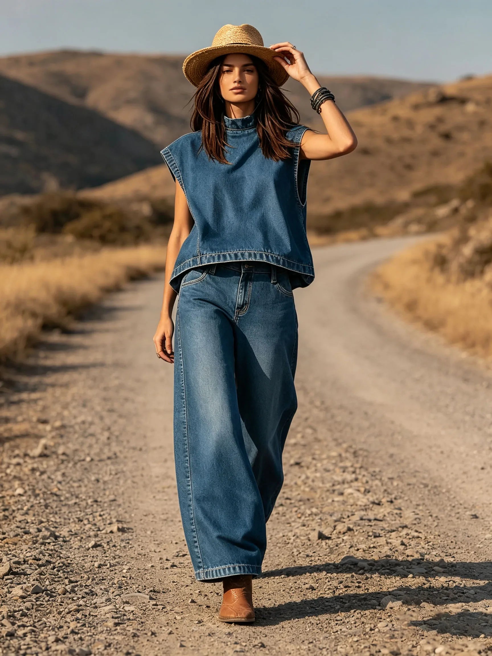 Summer Denim Outfits Female Fashion Solid Color Two Piece Set for Women Sleeveless Top & Wide Leg Pants Holiday Matching Set
