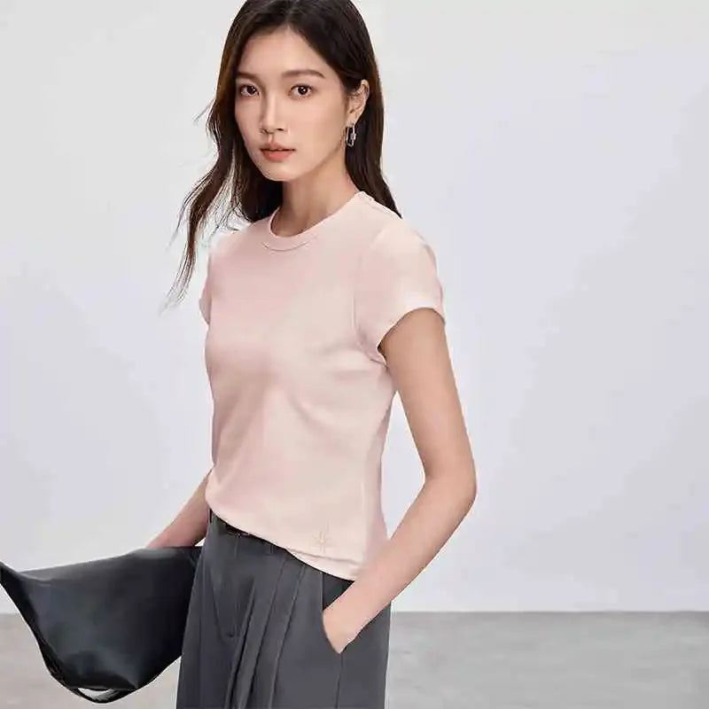 SENTUBILA Women's Slim T-shirt 2025 Spring Summer Fashion Solid Knitted Simple Crewneck Short Sleeve Embroidery Tops 152T59063