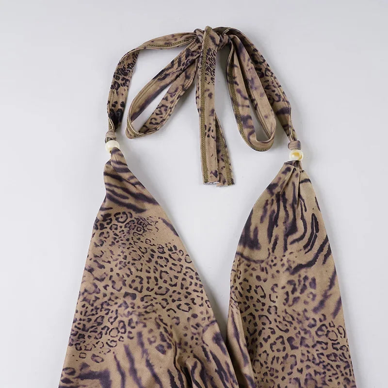 Leopard Sexy Deep V-neck Print 2 Piece Set Outfit Halter Backless Crop Top & Low-Rise Shorts Sexy 2pcs 2026