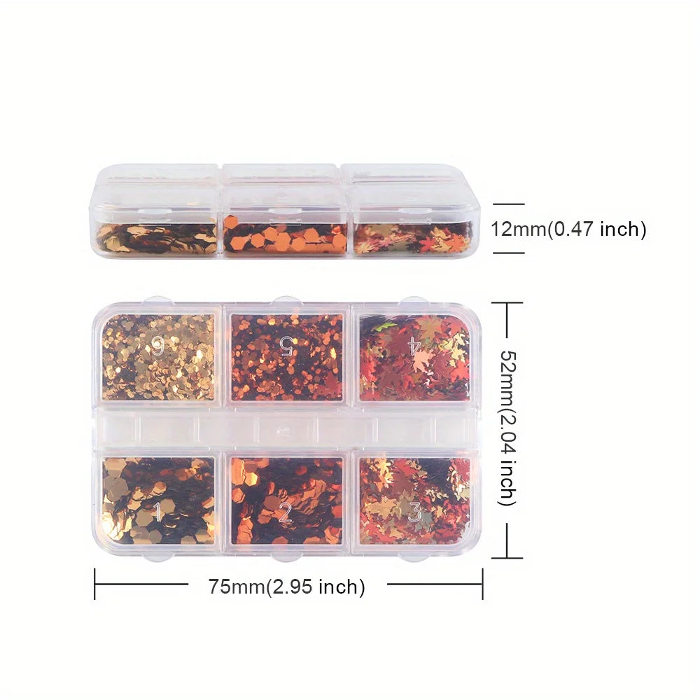 6 Grids Autumn Nail Glitter Flakes Golden Red Orange Leaf Sequins for Nail Art DIY Decorations Fall Acrylic Tips Decals Supplies