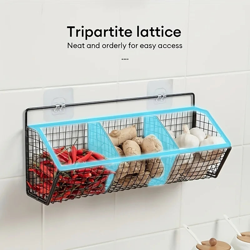 Wall-Mounted Multi-Functional Kitchen Organizer - Durable Metal Vegetable, Garlic, and Onion Storage Basket - Storage Organizer