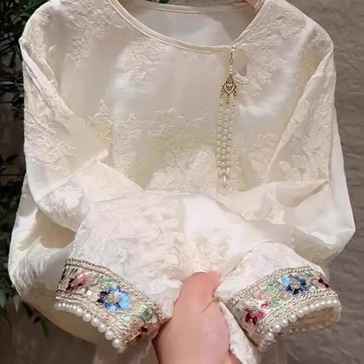 New Chinese Style Embroidered Lace Blouse Loose Women's Top Spring 2025 New Arrival Tassel Chinese Style Shirt