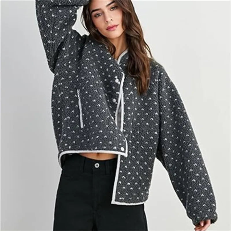 Women Y2k Heart Printed Jacket Fuzzy Zip Up Long Sleeve Warm Oversized Fall Winter Sherpa Fleece Cropped Jackets Coat Outwear
