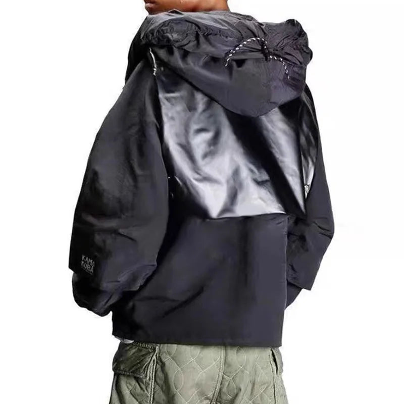 Japanese Style Retro Stitching Waterproof and Windproof Multifunctional Jacket Men's Hooded Black Multi Pocket Coat
