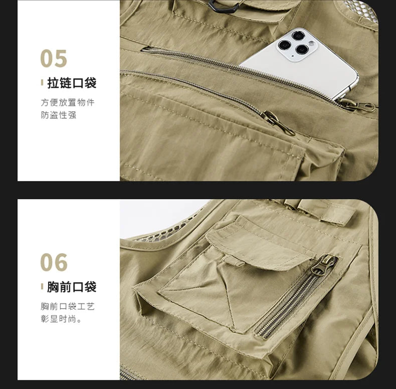 Mesh Men's Fishing Vest Multi Zip Pocket Hiking Waistcoat Male Light Thin Outdoor Sleeveless Jacket Work Summer Travel Plus Size