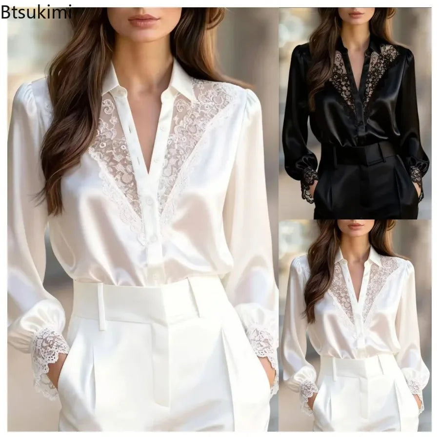 Sexy Lace Spliced Shirts for Women Spring Autumn Casual Turn Down Collar Long Puff Sleeve Slim Tops Office Lady Elegant Blouses