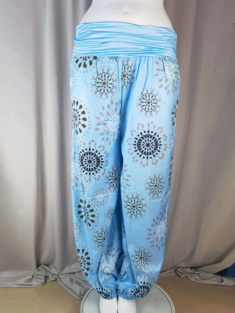 Women's Pants Floral Printed Patchwork Pleaded Harem Pants Bohemian Female High Waist Wide Leg Trousers Casual Ladies Streetwear