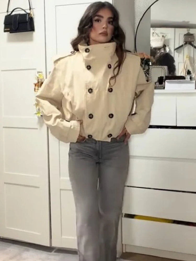Trendy Stand Collar Cropped Jacket Fashion Double Breasted Long Sleeve Chic Commute Coat 2026 Autumn New Daily Casual Streetwear