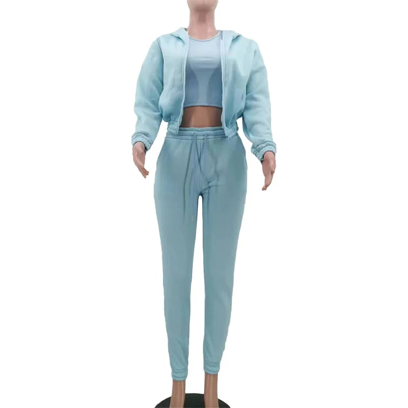 Active Wear 3 Piece Sets Womens Outfits Tracksuit Hooded Jacket Top + Vest + Sweatpants Sporty Suit Fitness Casual Matching Sets