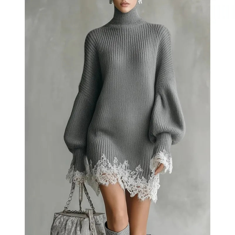 Knitted Sweater Dress For Women Autumn Winter Casual Solid High Neck Dresses Lady Fashion Lace Hem Splicing Loose Mini Vestidos