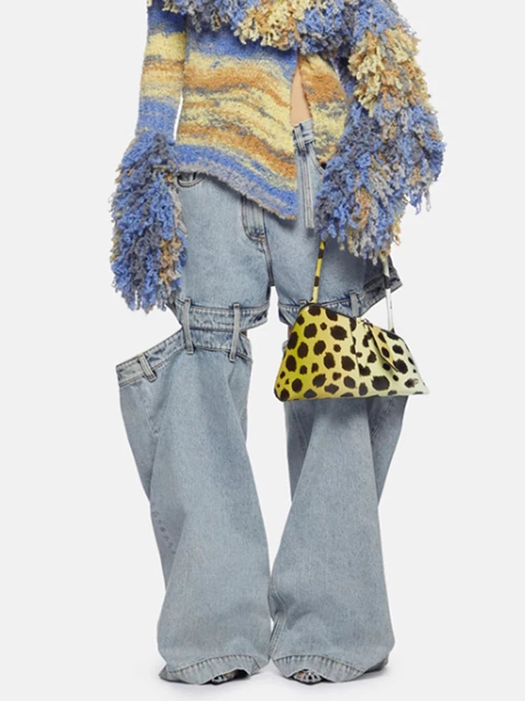 Fashion Women's Denim Pants Loose Waist Zip Hollow Out Solid Color Wide-leg Floor-length Jeans Autumn 2023 New Tide