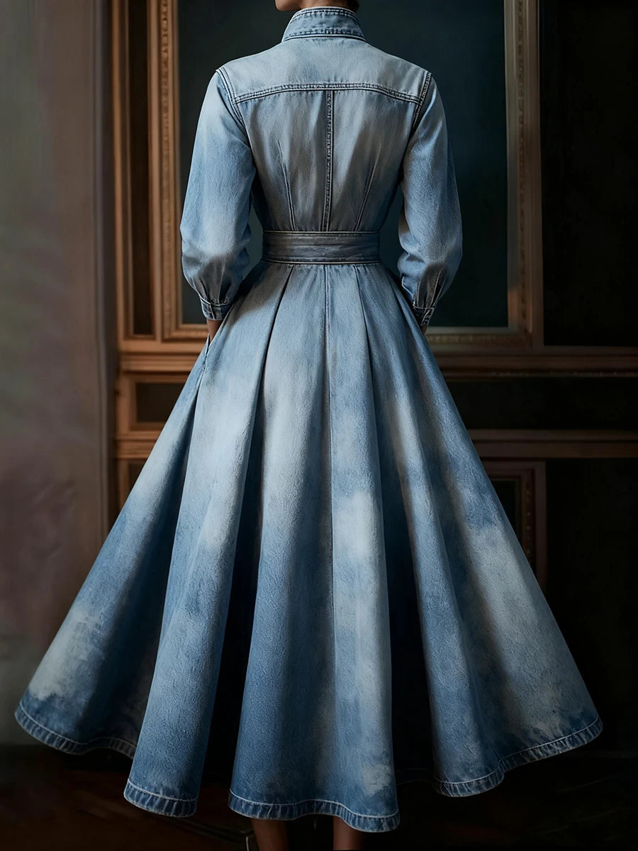 Elegant Light Blue Denim Maxi Dresses Solid Color Stand Collar Long Sleeve Pocket Pleated Belt Long Dress Party Evening Dress