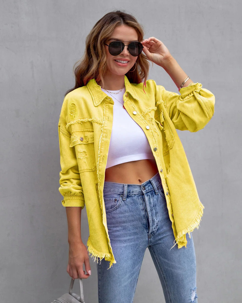 Women's Fashionable Solid Color Mid-Length Ripped Denim Jacket Long-Sleeved Spring Autumn Trend