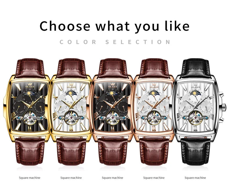 OLEVS 6675 Mens Watch Flywheel Multifunctional Chronograph Mechanical Watch Leather Strap Square Watches For Man High Quality