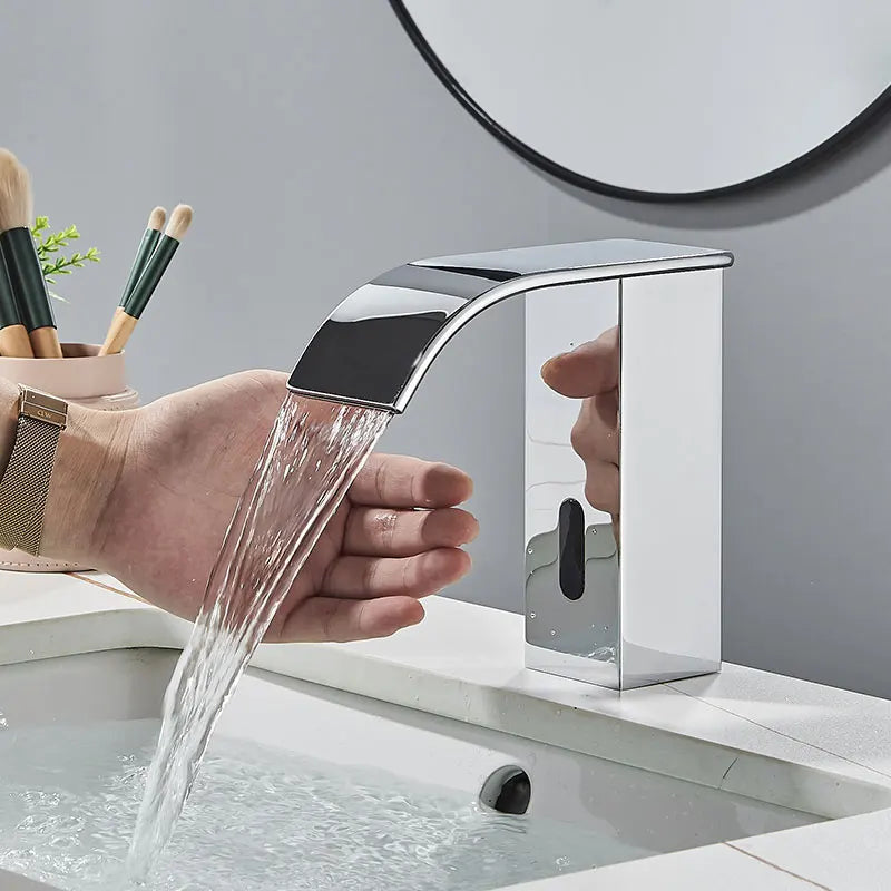 Hownifety Hot Cold Smart Sensor Bathroom Basin Faucet Deck Mount Waterfall Outlet Mixer Crane Tap Automatic Sense Touchless
