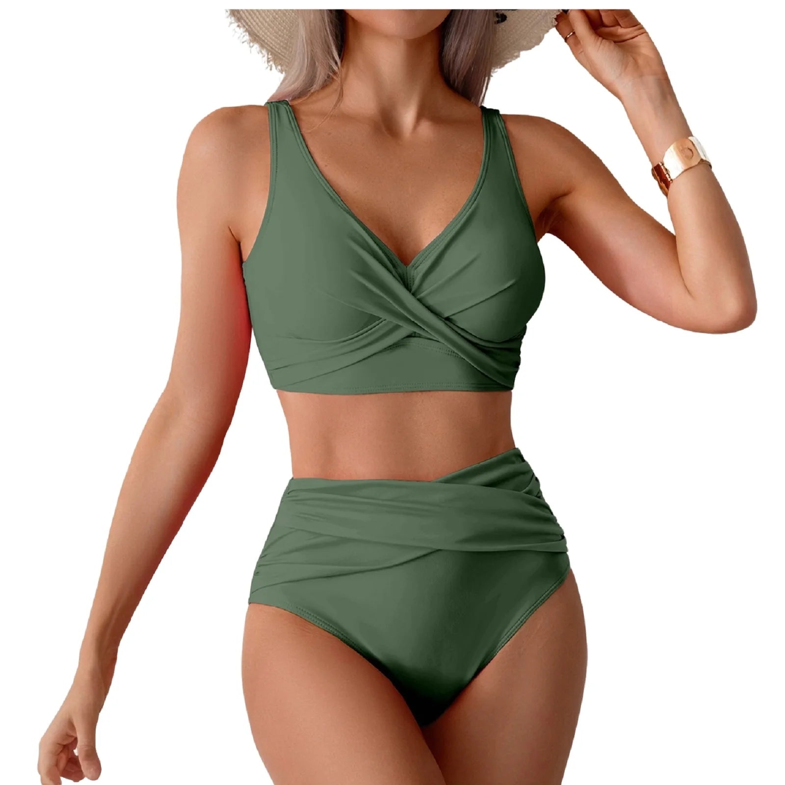 Women Sexy Bikini Summer Twist Front Ruched High Waisted Two Piece Beach Slimming Vacation Swimwear Bathing Suit