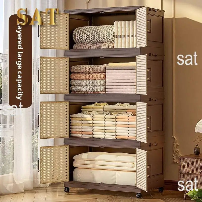 #Retro Storage Cabinet, Tall Wooden Foldable Cabinet for Living Room, Large Capacity Space Saving