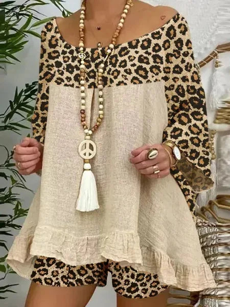 Linen Blouse Tops And Loose Shorts Suit Vintage Two Piece Set Print Sets Female Leopard Patchwork Outfit