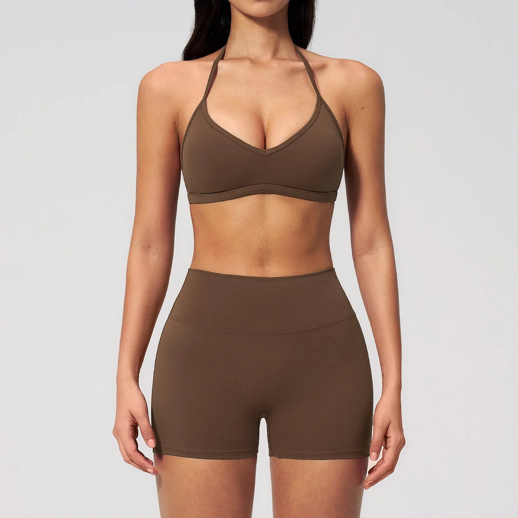 2 Pieces Yoga Set Women Tracksuit Backless Halter Tops High Waist Shorts Gym Suits Fitness Sportswear Workout Sets Athletic Wear