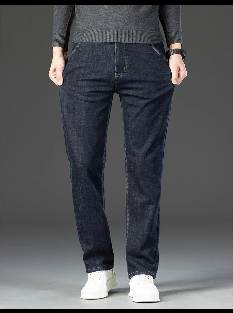 Men Winter Fleece Warm Jeans Brand 2024 Fashion Business Pants Retro Classic Denim Trousers Autumn Casual Stretch Slim Jeans Men