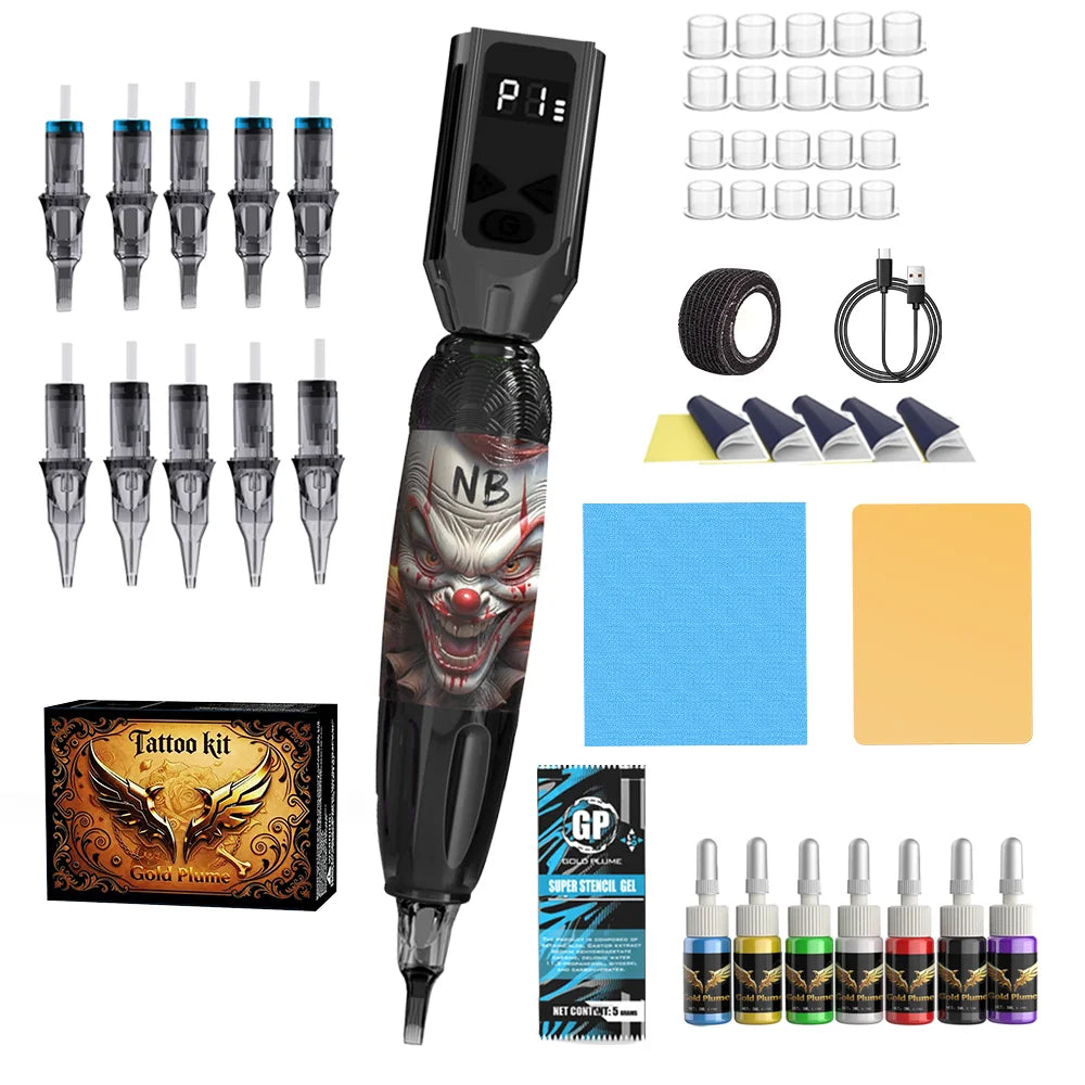 Wireless Clown Digital Tattoo Pen Kit 10 Needles 7 Color Ink Supplies for Beginner Tattoo Artists