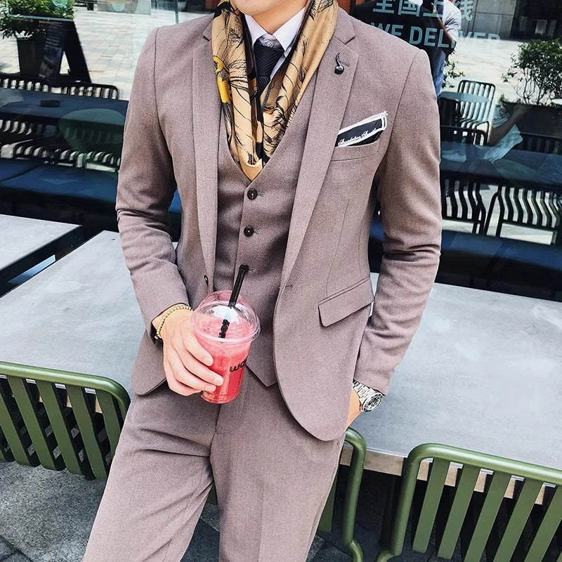 S-7XL ( Blazer + Vest + Pants ) Striped Plaid Solid Color Mens Formal Business Suit 3Pcs Set Groom Wedding Social Show Dress
