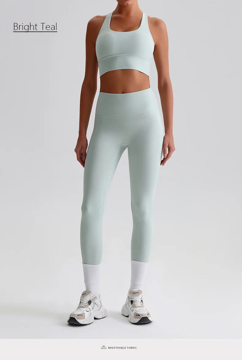 Naked Feel Yoga Set Women Fitness Sportswear 2 Piece Strappy Sports Bra High Waist Gym Leggings Workout Outfit Active Wear