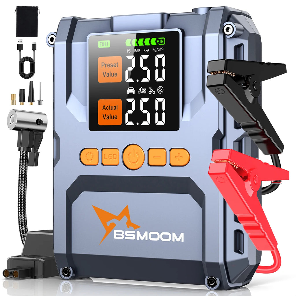 Car Jump Starter With Air Compressor LCD Screen 21800mAh Portable Booster Charger ,6000A Powerful Car Battery Starting Device,Car Battery ChargerFor12V(ALL Gas/10L Diesel) Start The Car Quickly, USB Input/output, LED Emergenc