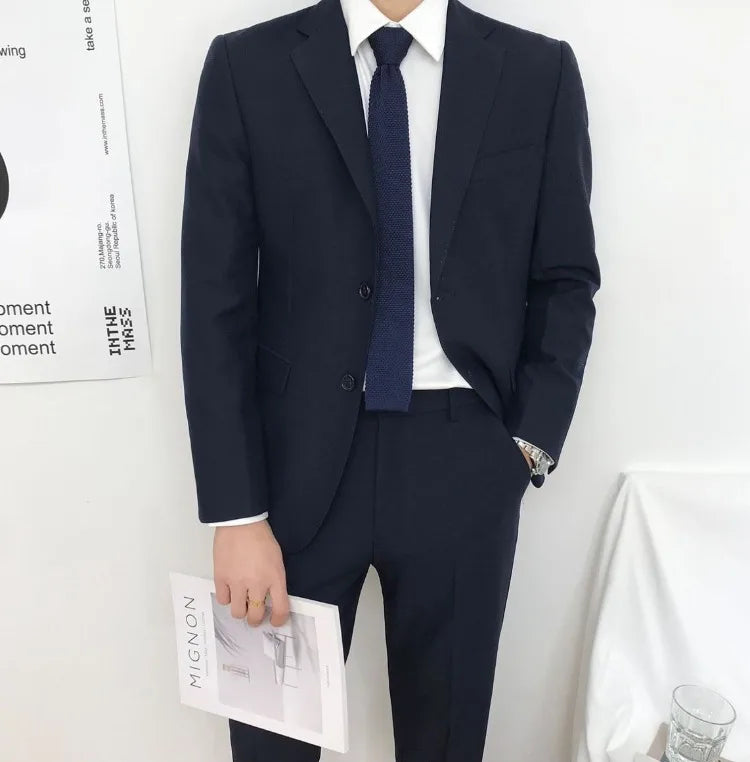 Men Slim Fit Business Casual Suit Set Long Sleeve Blazer Student Youth Formal Two Piece Outfit