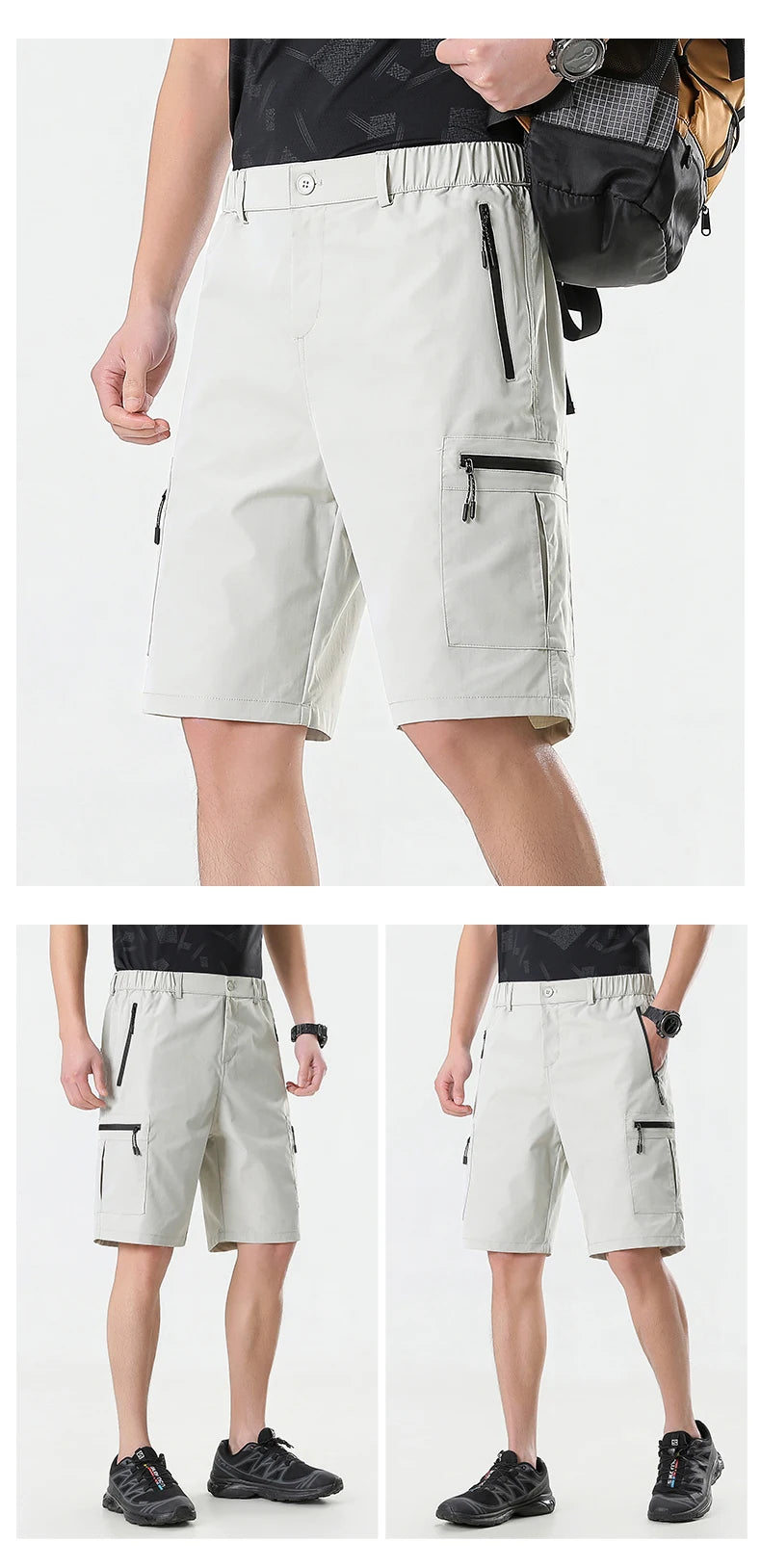 Mens Cargo Shorts Knee Pants Zipper Pocket Summer Quick Dry Shorts Climbing Jogger Elastic Waist Sports Wear