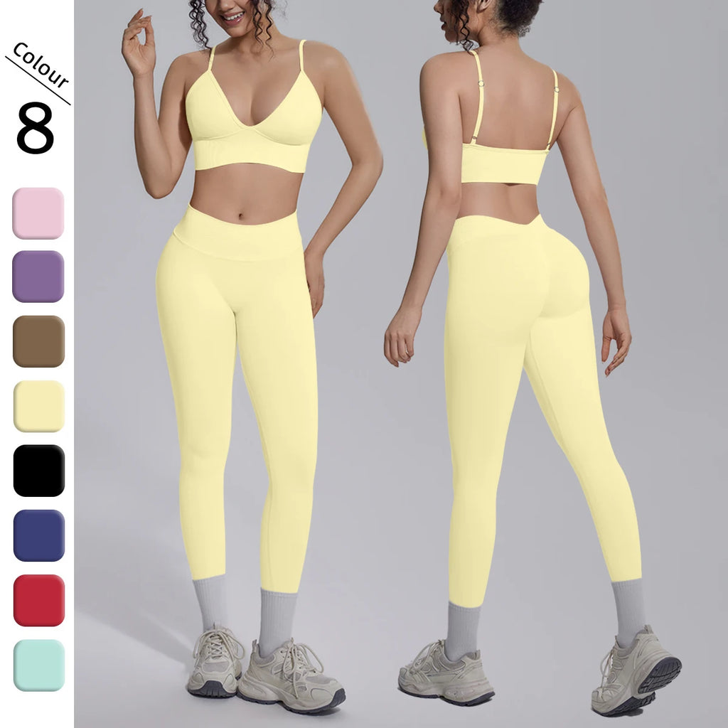 2PCS Woman Yoga Set Shockproof Workout Top Sexy Yoga Bra with Chest Pad High Stretch Seamless Fitness Pants Gym Yoga Set