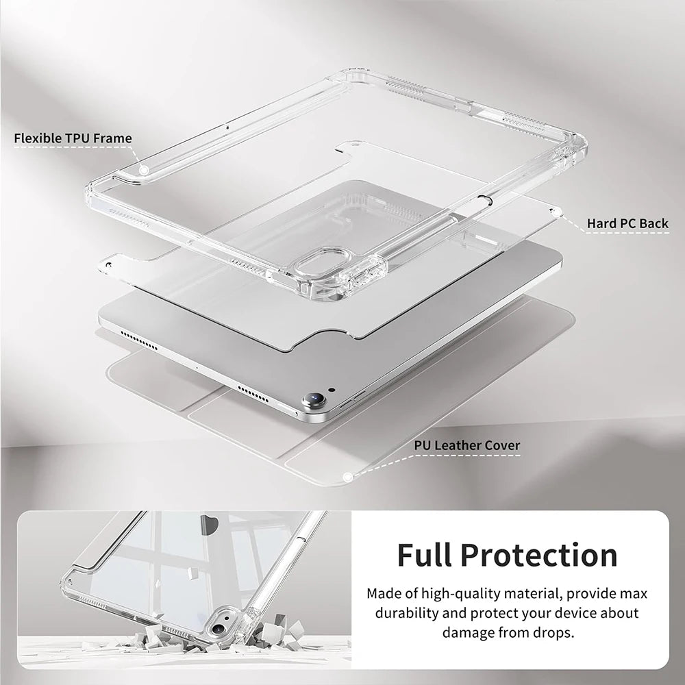 Case for iPad 5th 6th Gen Air 1 2 Case with Pencil Holder, Hard Clear Transparent Back and Soft TPU Shockproof Frame Cover