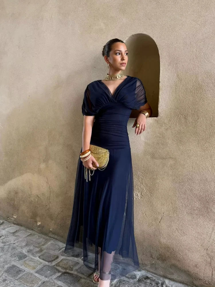 Women Solid Deep V-neck Mesh Long Dress Elegant Puff Short Sleeve Ruched Waist High Vestidos 2026 Summer Lady Casual Street Robe
