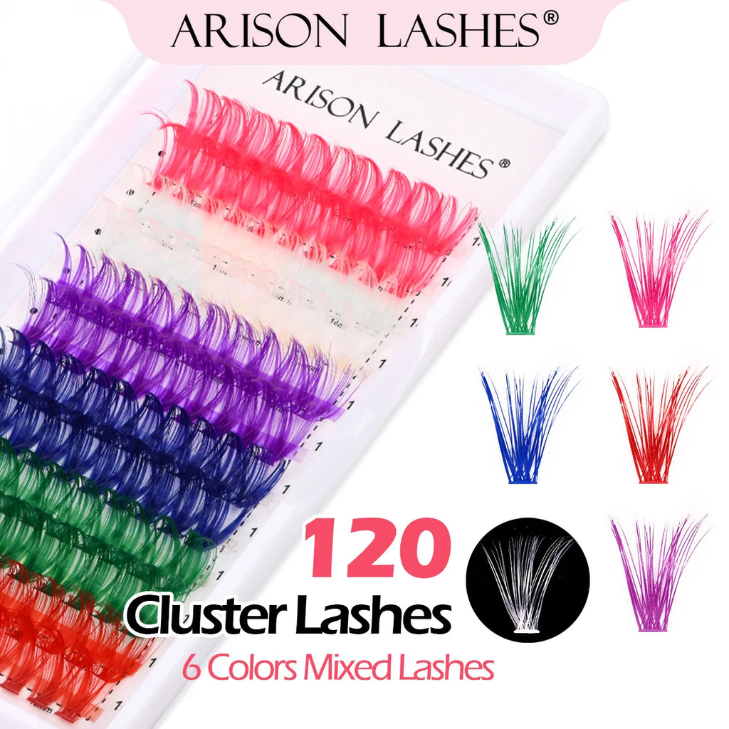 ARISON 120 Cluster Colorful Individual Lashes 6 Mixed Color Eyelash Extension Cluster False Eyelash For Festival Party Makeup