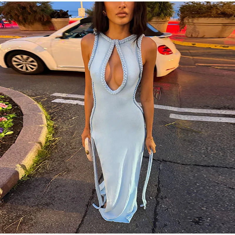 Women Solid Braided Trim Cutout Maxi Dress Sleeveless High Slit Bodycon Fit Gown 2026 Summer Elegant Evening Formal Party Outfit