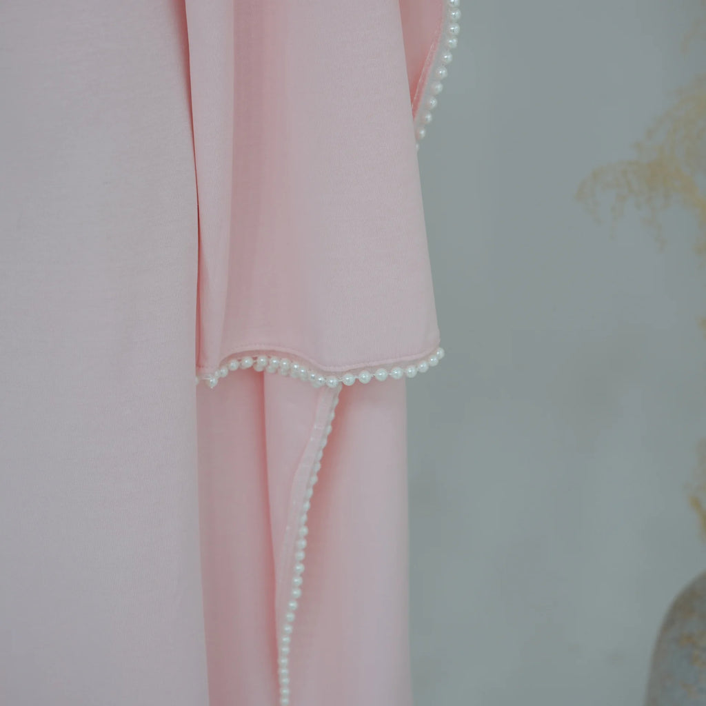 White Pearl Trim Cape Maxi Dress Women Elegant Long Sleeve Cinched Waist Muslim Robes 2026 Spring EID Abaya Lady Dresses