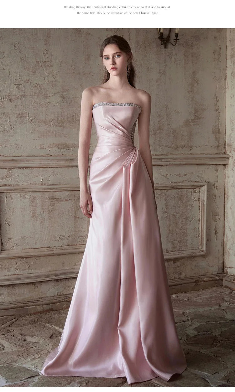 Pink Strapless French Evening Gown 2026 New High-end Annual Meeting Host Engagement Banquet Bride Toast Costume Customization