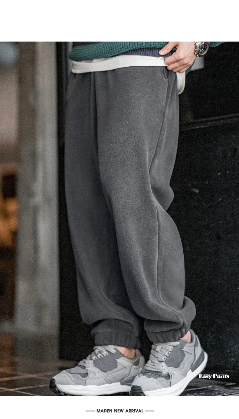 Maden Men's Casual Polar Fleece Cuffed Sweatpants Solid Color Elastic Waist Fleece-lined Pants Warm Sports Straight-leg Trousers