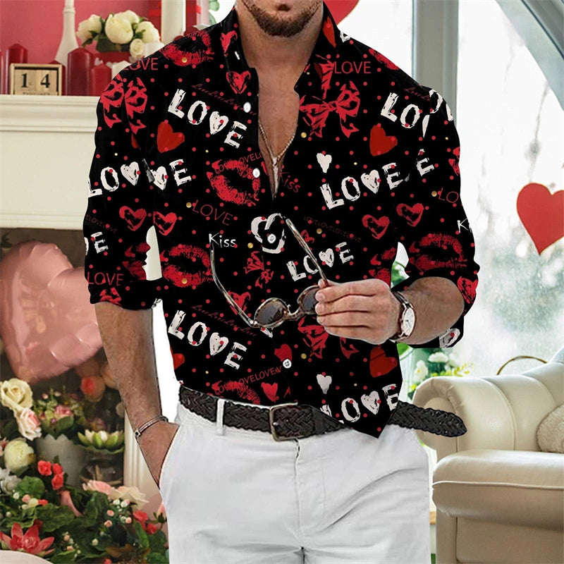 Valentine'S-Day Men Long Sleeve Shirts Couple Blouses 3D Print Love Heart Graphic Casual Lover Tops Festive Vacation Men Clothes